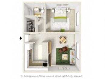 Floor plan for 1 bed, 1 bath, 613 sqft